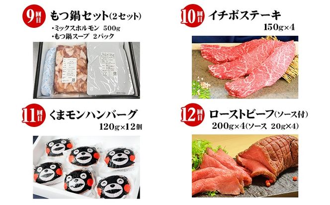 牛肉 【12ヶ月定期便】あか牛づくし 厳選食べ比べ 道の駅竜北《申込み翌月から発送》あか牛ハンバーグ ロースステーキ しゃぶしゃぶ用 ランプ ミスジ 三角カルビ焼肉用 ヒレ イチボ もつ鍋 ホルモン くまモンハンバーグ ローストビーフ---sh_fsa12tei_24_500000_mo12num1---