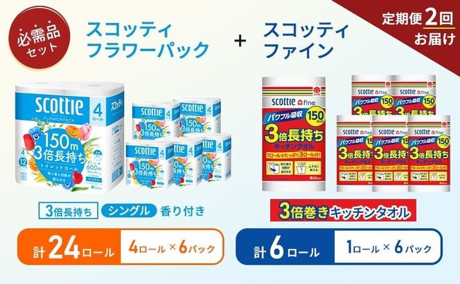 【 6ヶ月ごと計 2回お届け 】キッチンペーパー 6パック入 スコッティ ファイン 1ロール 3倍 150カット トイレットペーパー シングル フラワーパック 24ロール (4ロール × 6パック)
