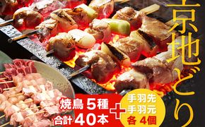 【数量限定200】絶品！希少品種！京丹後産 京地どり 焼き鳥5種盛り合わせ 40本＆絶品手羽先・手羽元 各4個　YK00701