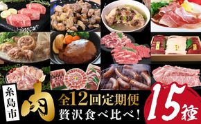 【全12回定期便】肉のお楽しみ定期便 食べ比べ セット （ 博多和牛 糸島和牛 糸島豚 はかた地どり イノシシ ウインナー シャトーブリアン ステーキ ハム ソーセージ ハンバーグ ） [AAH009] 地鶏 モモ ムネ ハンバーグ ジビエ 肩ロース 焼肉 水炊き お肉 牛肉 豚肉