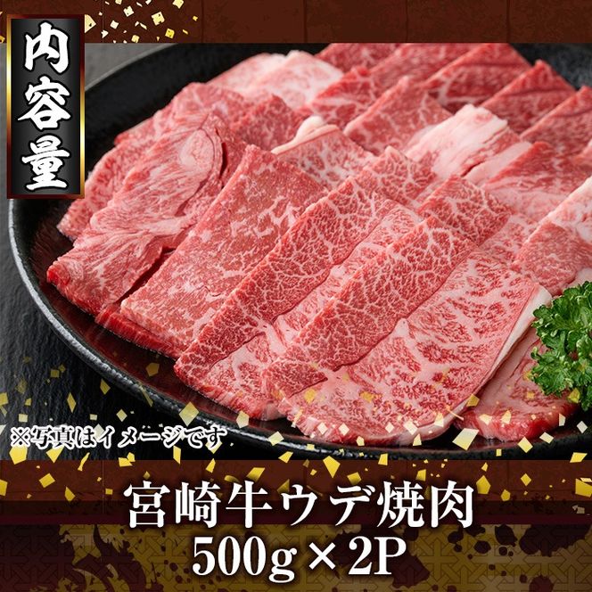 宮崎牛ウデ焼肉(1kg・500g×2P) お肉 牛肉 黒毛和牛 ブランド和牛 冷凍 国産 焼肉 BBQ ウデ 【R-96】【ミヤチク】