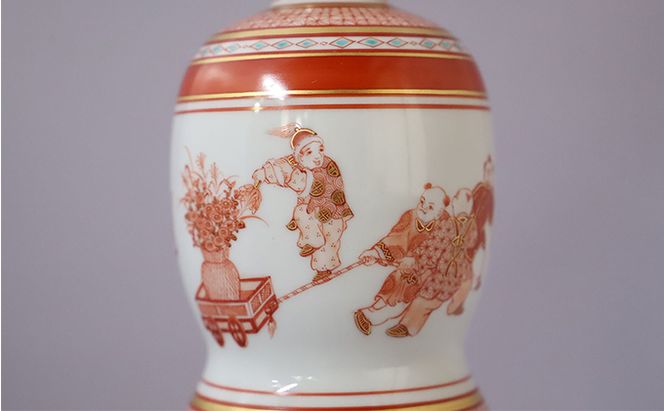 福島武山 赤絵唐子遊文九谷焼飾瓶 a05 民芸品 工芸品 