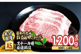 百年の恵み おおいた和牛 A5 ステーキ用 厚切り 厳選部位 (計1.2kg・300g×4枚) 国産 牛肉 肉 霜降り ロース 肩ロース サーロイン 和牛 ブランド牛 ステーキ 冷凍 【FS11】【 (株)トキハインダストリー】