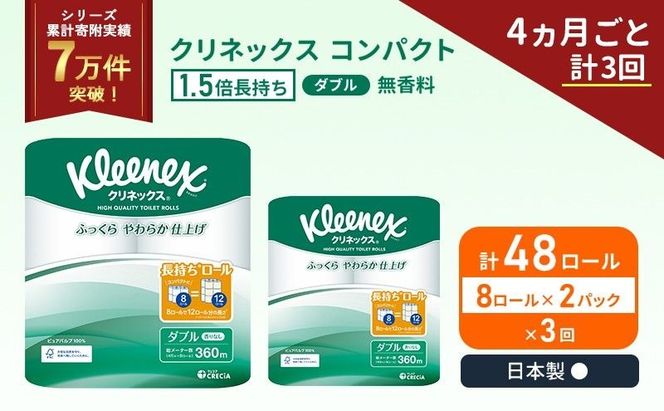 定期便 トイレットペーパー ダブル クリネックス コンパクト 1.5 倍巻き 8ロール入 × 2パック 無香料 《 4ヶ月ごと 計  3回 》
