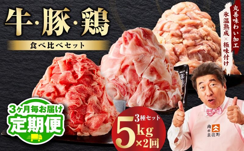 mrzZ084 [定期便]国産 牛肉&豚肉&鶏肉セット 5kg×全2回[氷温熟成×極味付け 3種 食べ比べ 普段使い 味付き 小分け 訳あり サイズ不揃い 2026年3月&6月発送]