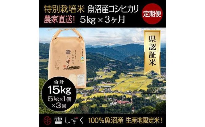 【令和8年産】定期便！農家直送！県認証特別栽培魚沼産コシヒカリ【合計15kg】毎月5kg×3回 精米 ご飯 ブランド米 銘柄米