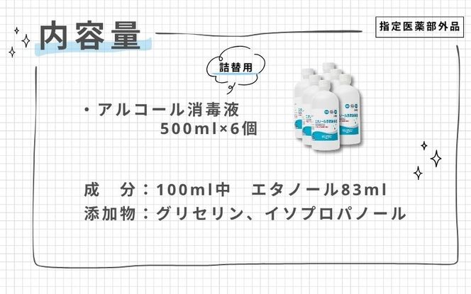手指・皮膚の洗浄・消毒用 アルコール消毒液 500ｍl×6本（詰替)【cgiy0005】