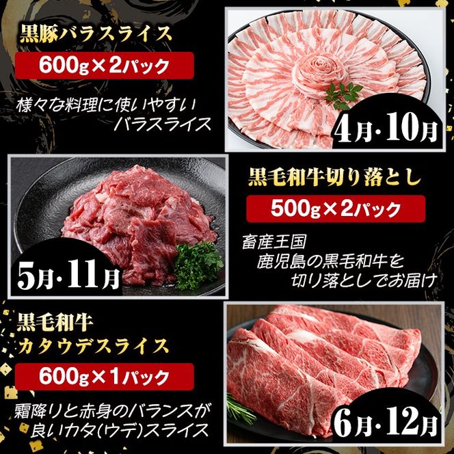 ＜定期便・全12回(連続)＞鹿児島県産 黒毛和牛・黒豚定期便 B (総量約11.9kg以上) 国産 鹿児島県産 黒豚 しゃぶしゃぶ 肩 ロース スライス 訳あり 切り落とし 黒毛和牛 サーロイン ステーキ 黒豚 バラ カタ ウデ 小分け セット 【スターゼン】akn042-36
