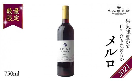 【 数量限定 】エピヌ メルロ 2021 茨城県産 牛久醸造場 日本ワイン 赤ワイン 750ml × 1本 やや辛口 ミディアムボディ お酒 贈り物 ラズベリー [BJ017us]