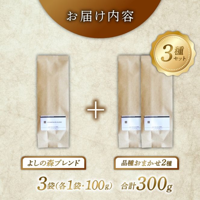 スペシャルティコーヒー 飲み比べ 計300g (よしの森ブレンド＋品種お任せ2種) 各100g 選べる 豆 粉 挽き方 コーヒー コーヒー豆 [yoshino001]