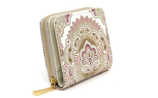 【文庫屋大関】二つ折りファスナーミニ財布 アンティークレース＜ピオニー＞【皮革工芸品】財布 二つ折り 小物 お札 カード 小銭 コンパクト 牛革 手作り 日本製 墨田区 東京都