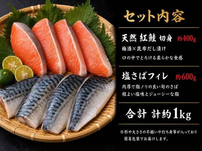 【ご家庭用訳あり】人気の塩さばフィレ＆紅鮭切身セット計1kg/ 和歌山 魚 さば 鮭【uot796C】