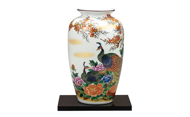 九谷焼　10号花瓶　牡丹孔雀（台付） a05 