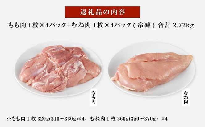 紀州うめどり もも肉 ＆ むね肉 8枚 合計 約2720g セット 冷凍 鶏肉 鶏 地鶏 肉   EQ06