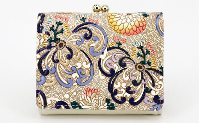 【文庫屋大関】三つ折りミニ財布　乱菊（青紫）【皮革工芸品】 ファッション 小物 民芸品 お札 カード 小銭 手のひらサイズ コンパクト 大人かわいい 牛革 手作り 国産 