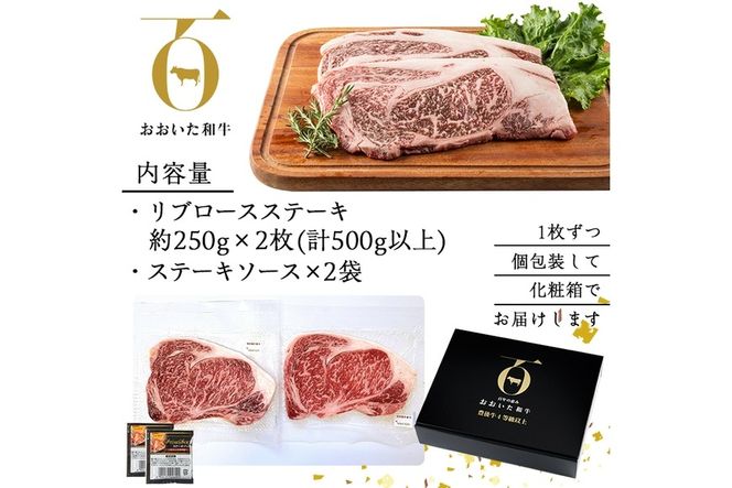 おおいた和牛 リブロースステーキ (計500g・リブロースステーキ約250ｇ×2枚+ステーキソース20g×2袋) 国産 牛肉 肉 霜降り 低温熟成 ステーキ A4 和牛 ブランド牛 BBQ 冷凍 大分県 佐伯市【DH69】【(株)ネクサ】