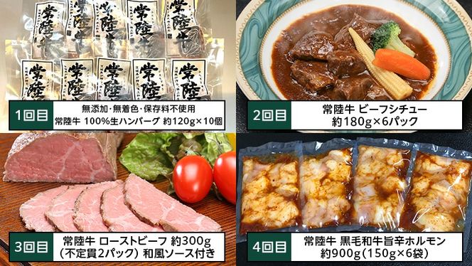 【茨城県共通返礼品】【定期便】 【6回コース】 常陸牛 食べ尽くし 定期便 （6ヶ月連続でお届け） 牛肉 黒毛和牛 国産 贅沢 ビーフシチュー ハンバーグ ローストビーフ 牛もつ ホルモン 簡単 お手軽 [AU035ya]