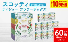 【スコッティ】 ティシュー フラワーボックス 250組 5箱パック×12 合計60箱 ティッシュ 日用品 生活必需品