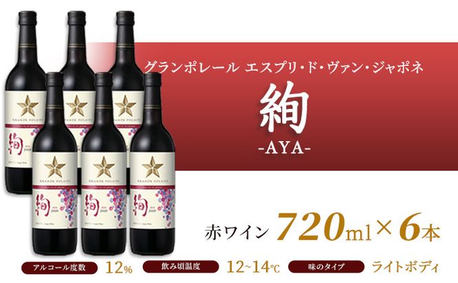 ワイン グランポレール エスプリ・ド・ヴァン・ジャポネ 絢 -AYA- 6本（1本 720ml）赤ワイン ライトボディ サッポロビール 岡山ワイナリー お酒 国産ワイン 果実香 酸味 程よい熟成感 タンニン 