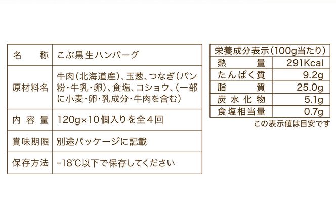 ＜ 定期便 4回 ＞北海道産 黒毛和牛 こぶ黒 ハンバーグ 全40個 (各10個) 定期便