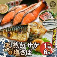 G7319_迷ったらコレ！！魚鶴商店の天然紅サケ 1kg & 塩さば 6枚セット