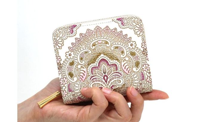 【文庫屋大関】二つ折りファスナーミニ財布 アンティークレース＜ピオニー＞【皮革工芸品】財布 二つ折り 小物 お札 カード 小銭 コンパクト 牛革 手作り 日本製 墨田区 東京都