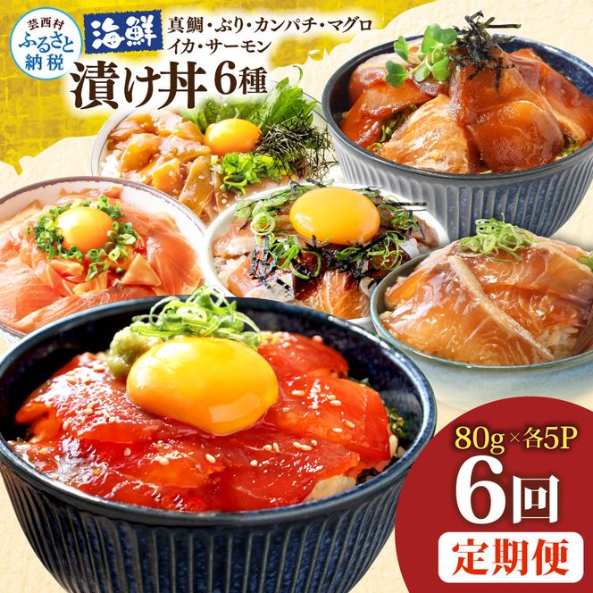 漬け丼6種セット 真鯛・ブリ・カンパチ・マグロ・サーモン・イカ 1食80g×各5P 6回定期便 タイ 鰤 鮪 海鮮丼 刺身 海鮮 魚介 魚 お茶漬け 炊き込みご飯 惣菜 おかず 冷凍 配送