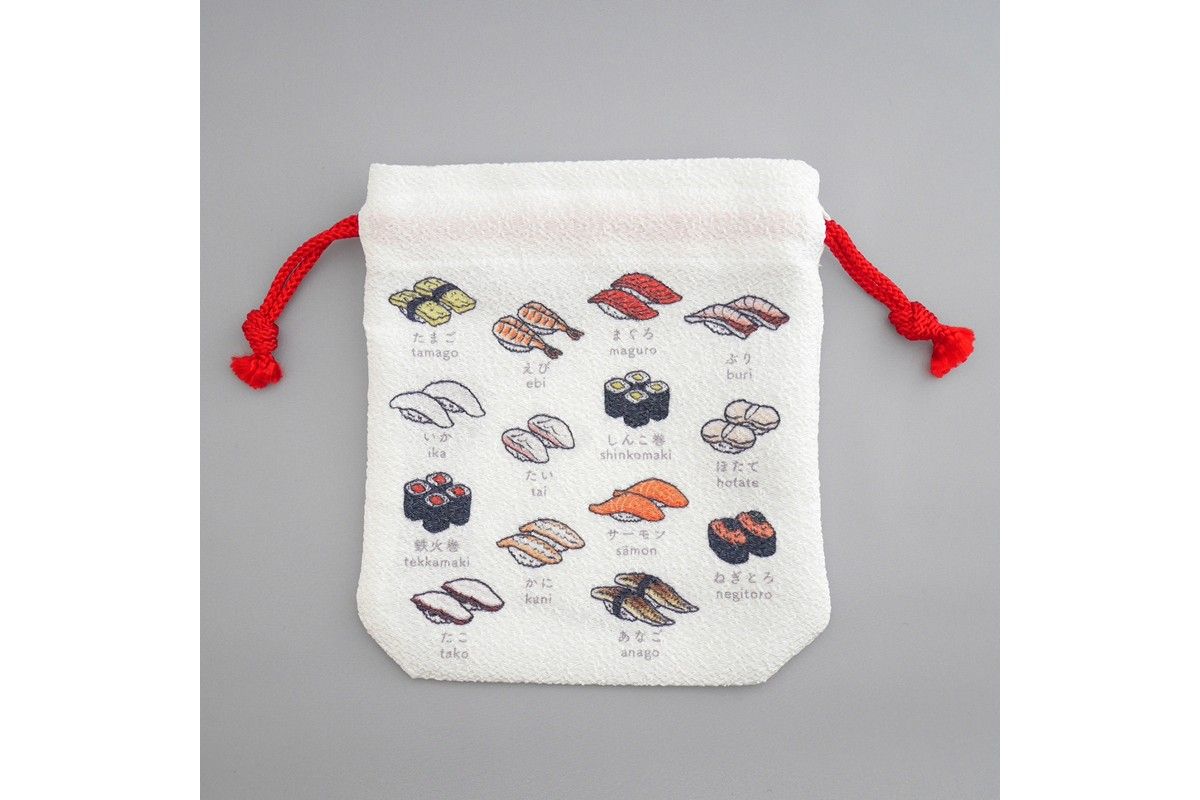 丹後ちりめん にほんご巾着「sushi(寿司)」 サイズ:約13.5cm×17.5cm 選べる 種類 ふるさと納税 雑貨 巾着 丹後ちりめん 丹後 京都 DZ00029-01