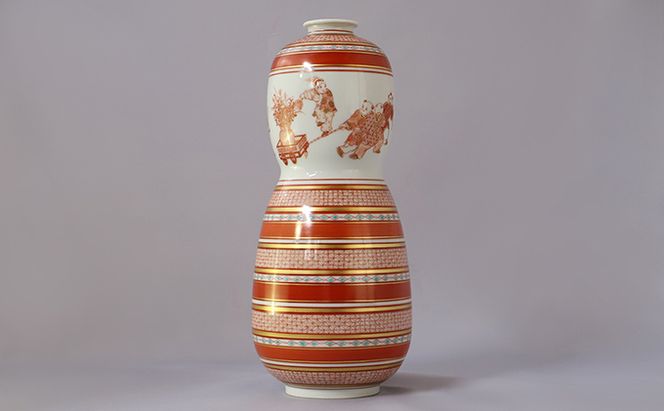福島武山 赤絵唐子遊文九谷焼飾瓶 a05 民芸品 工芸品 