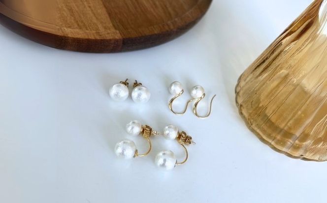 GL009コットンパール「ホワイト」ピアス３点セット(ゴールド)