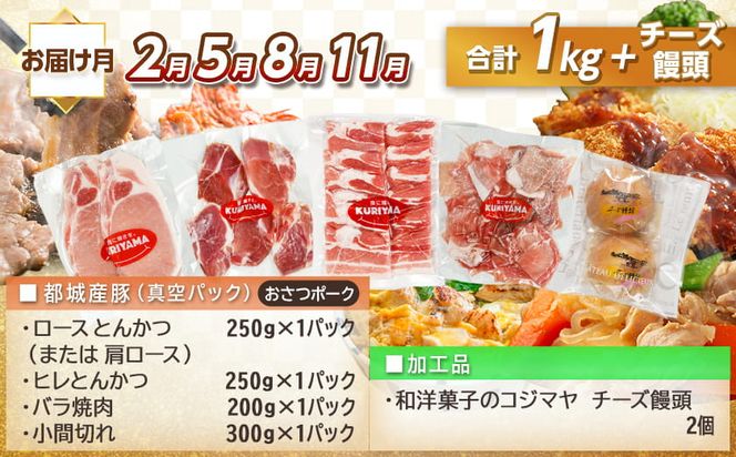 全部真空パック！隔月5回お届け！「おさつポーク」と加工品定期便_TAA5-1403_(都城市) 豚肉 小分け 真空 かさばらない ブランドポーク 加工品 セット バラエティ豊かにお届け 栗山ノーサン おさつポーク チーズ饅頭 小分け 真空パック