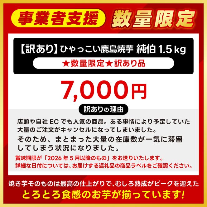 ★事業者支援★ 訳あり 冷凍 焼芋 「ひゃっこい 鹿島焼芋 純伯 1.5kg（500g×3袋）」 数量限定 【冷凍 冷凍やきいも 冷凍焼き芋 冷やし 焼き芋 やきいも さつまいも 紅はるか 芋 お菓子 おやつ デザート スイーツ 和菓子 和スイーツ 鹿嶋市 茨城県】（KBK-23-2）