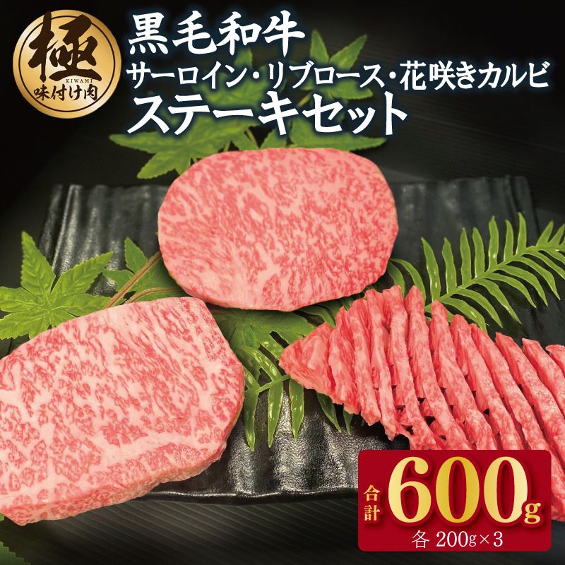 黒毛和牛 サーロイン/リブロース/花咲カルビ ステーキ 食べ比べセット 合計600g(200g×3種)[極味付け肉]