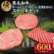 G1577 黒毛和牛 サーロイン/リブロース/花咲カルビ ステーキ 食べ比べセット 合計600g（200g×3種）【極味付け肉】