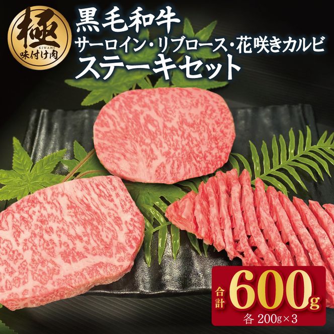 G1577 黒毛和牛 サーロイン/リブロース/花咲カルビ ステーキ 食べ比べセット 合計600g（200g×3種）【極味付け肉】