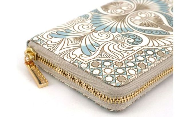 【文庫屋大関】 大容量　ぐるっとファスナーの長財布　ロカイユ＜ブルーグレー＞【皮革工芸品】 ファッション小物 民芸品 