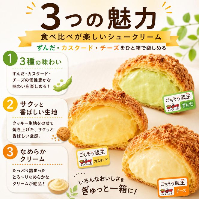 シュークリーム3種セット シュークリーム 3種 6個入 セット 詰め合わせ カスタード チーズ ずんだ 宮城 名物 食べ比べ 冷凍 スイーツ ギフト お取り寄せ 焼き菓子 お菓子 個包装 大河原町 おてんとさん 自社製造
