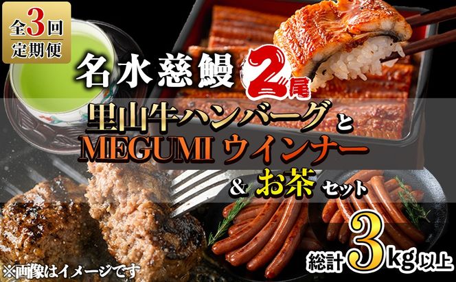 【定期便全３回】名水慈鰻2尾＆里山牛ハンバーグ4個＆黒豚MEGUMIウインナー2P＆お茶セット 総計約３kg t0084-010