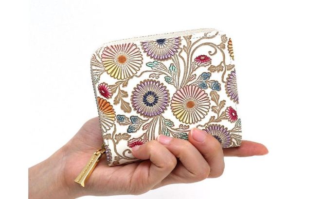 【文庫屋大関】二つ折りファスナーミニ財布 更紗菊【皮革工芸品】財布 二つ折り 小物 お札 カード 小銭 コンパクト 牛革 手作り 日本製 墨田区 東京都