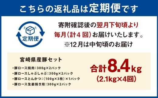 【4ヶ月定期便】＜宮崎県産豚セット（計2.1kg×4回）＞ お申込みの翌月下旬頃に第一回目発送（12月は中旬頃）【c1384_mc】 豚肉 お肉 肉