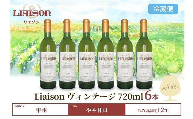 白ワイン Liaison リエゾン ヴィンテージ 720ml×6本 フルボトル やや甘口 甲州 遅摘み ワイン 白 お酒 送料無料 山梨 日川中央葡萄酒 山梨県 笛吹市 177-7-23