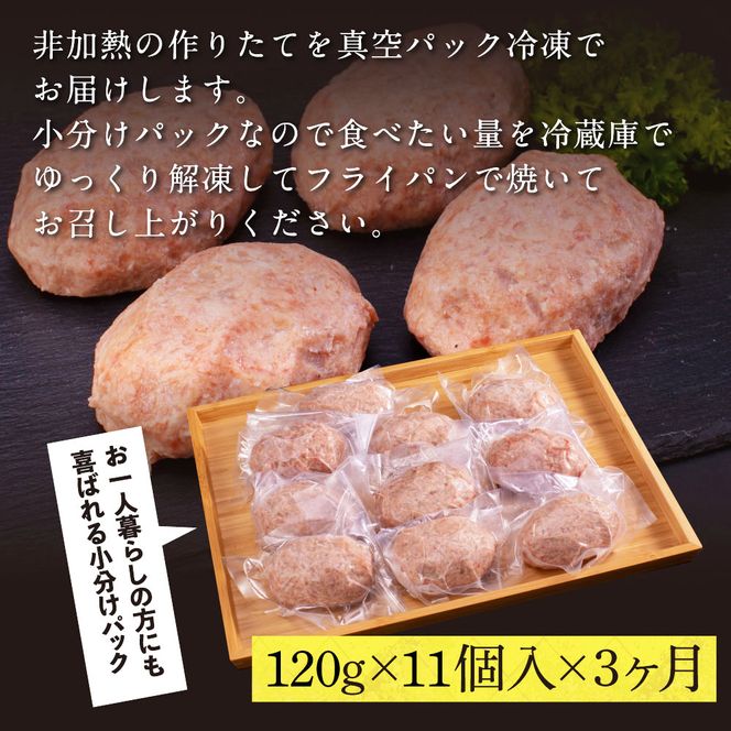 t213cdm　創業50年老舗レストランの幻の和牛あかうしハンバーグ120g×11ケ 3ヶ月定期便 土佐あかうし 美鮮豚 牛肉 高級 ハンバーグ 冷凍 美味しい 肉汁ハンバーグ 焼くだけ 小分け 個包装 高級 国産 定期便 