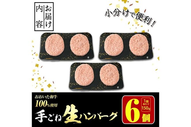 おおいた和牛 100% 手ごね 生ハンバーグ (計900g・150g×6個) 国産 牛肉 肉 霜降り A4 和牛 ブランド牛 冷凍 大分県 佐伯市【DH267】【(株)ネクサ】