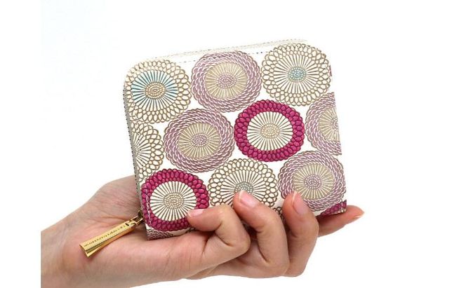 【文庫屋大関】二つ折りファスナーミニ財布 笠菊＜桃花＞【皮革工芸品】財布 二つ折り 小物 お札 カード 小銭 コンパクト 牛革 手作り 日本製 墨田区 東京都