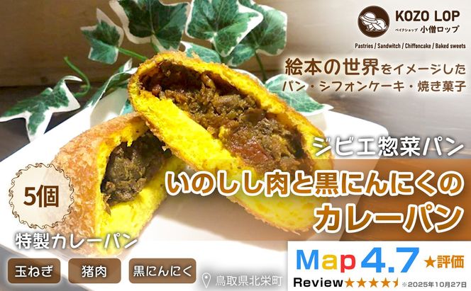 1182.【鳥取県産 ジビエ惣菜パン】いのしし肉と黒にんにくのカレーパン 5個 313726_BD063