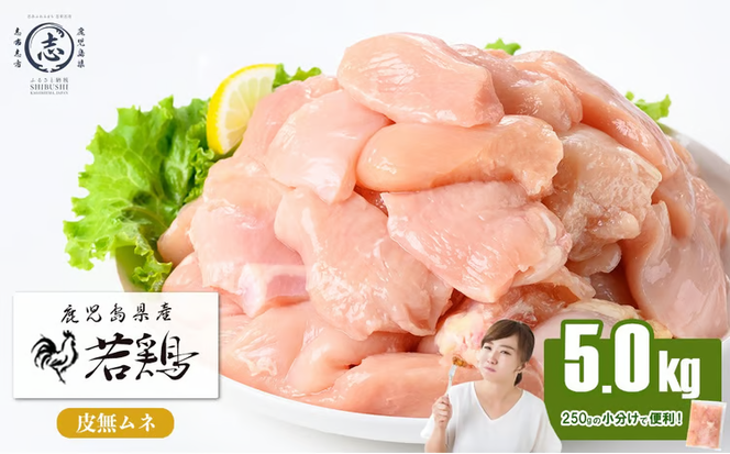 小分けで便利！鹿児島県産 若鶏皮無ムネ肉 計5kg(250g×20P) a7-036