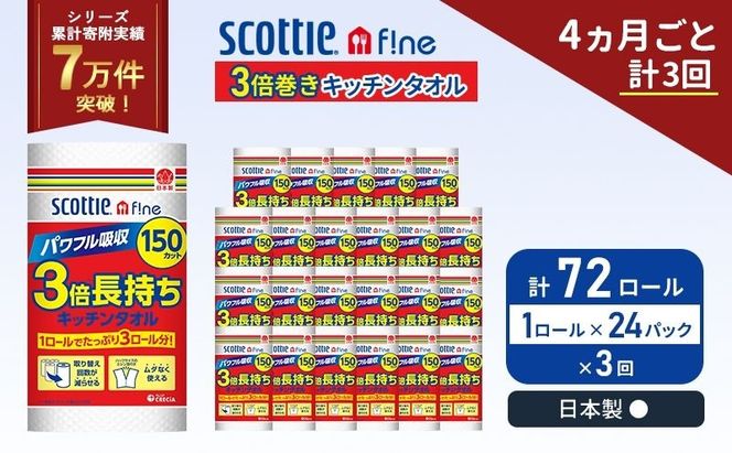 定期便 キッチンペーパー 1ケース キッチンタオル スコッティ ファイン 1 ロール 3倍 150カット セット《 4ヶ月ごと 計  3回 》