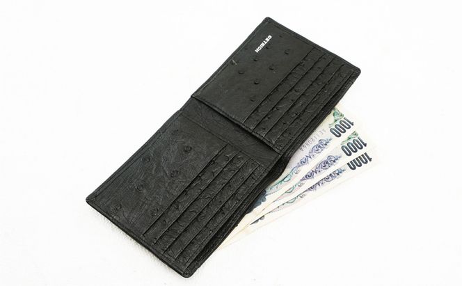 オーストリッチ二つ折り札入れ　メンズ　ブラック　