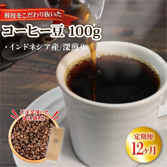 【12ヶ月/定期便】 自家焙煎 コーヒー 豆 100g インドネシア 深煎り [moku3000_1]	