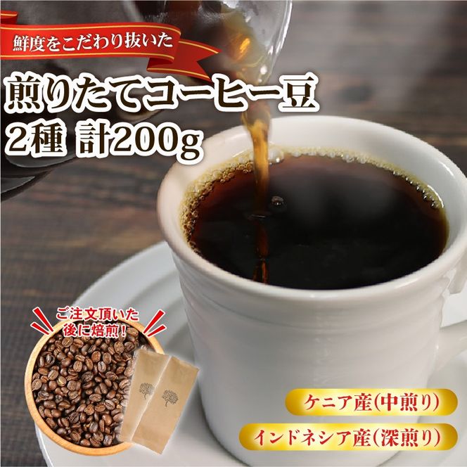 自家焙煎 コーヒー 豆 200g (インドネシア100g/深煎り、ケニア100g/中煎り) [moku008]